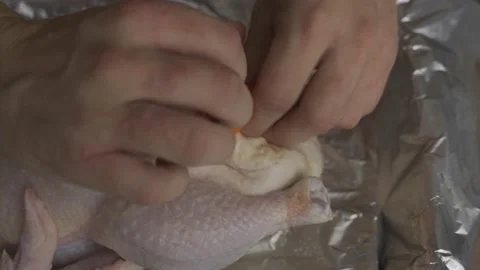 Chef stuffing chicken his hands close-up raw not color grade 스톡 동영상 234724576