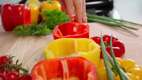 Chef stuffing red pepper, stuffed pepper, paprika Stock Footage 270150750