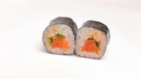 Chef sushi presentation Spicy syake maki rolls of luxury japan restaurant rolls Stock Footage 80565544