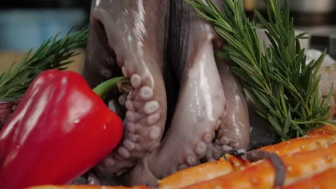 Chef takes the octopus off the ice. shrimp, paprika, rosemary, crab on a plate Stock Footage 163971375