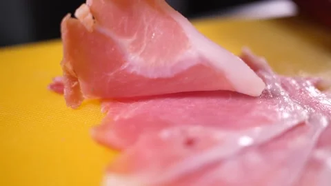 Chef takes a sliced ham slow motion cooking ingredients for pizza Stock Footage 159227805