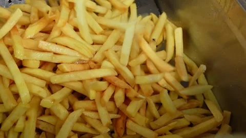 Chef taking out and draining golden french fries from a deep fryer in kitchen Stock Footage 340079109