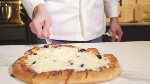 Chef Taking Piece Fresh Baked Pizza. Baker Preparing Italian Pizza. Stock-Footage 169876955