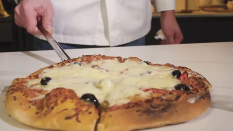 Chef Taking Piece Fresh Baked Pizza. Baker Preparing Italian Pizza. Stock-Footage 169877097