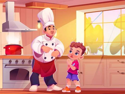 Chef teaching boy to cook in kitchen Stock Illustration