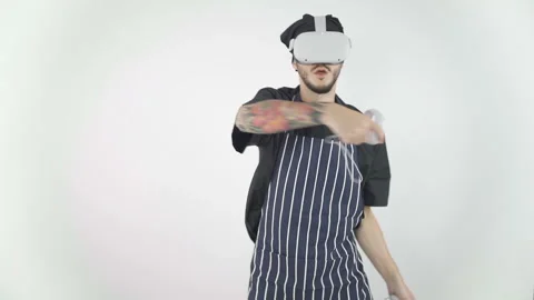 Chef tests virtual reality cuts fruits and vegetables Video stock 143637070