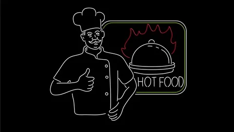 Chef Thumbs Up Hot Food Neon Sign 2D Animation Video stock 99616341