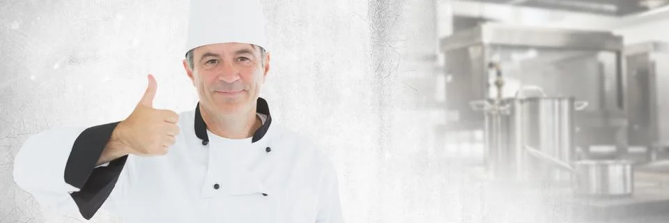 Chef thumbs up with kitchen transition Stock Photos