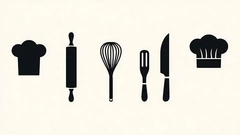 Chef Tool and Hat Icon Silhouette Set Stock Illustration