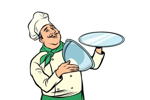 Chef with tray with open lid. isolate on white background 스톡 일러스트