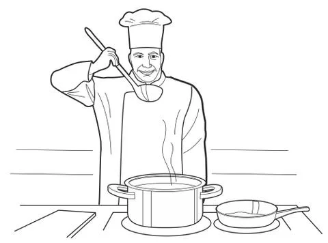 Chef tries soup. Cooking process with figures table in restaurant Illustration