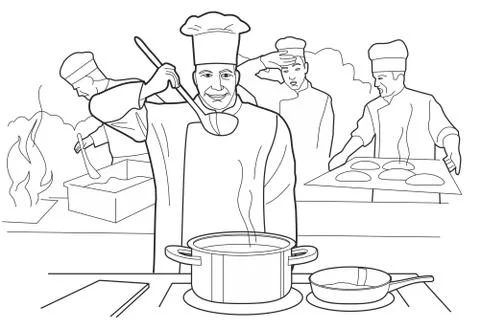 Chef tries soup. Cooking process with figures at the table in restaurant Illustrazione stock