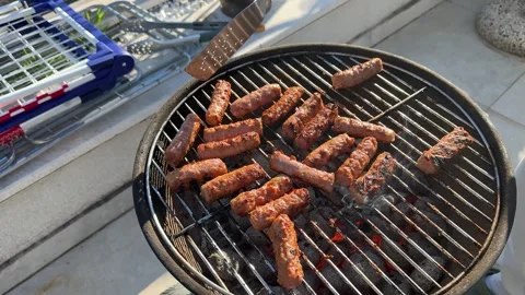 Chef turning ćevapi with spatula on barbecue Stock Footage 306077085