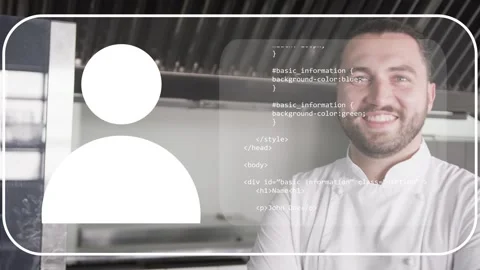 Chef turning, crossing arms while UI frame appearing, code overlay showing Stock Footage 333485511