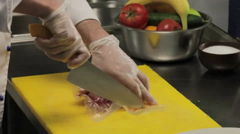 Chef unpacking portion of ribs, close up Stock Footage 66076516