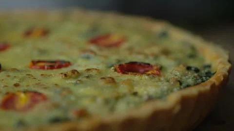 Chef use torch burner burning Spinach Quiche or French tart. Stock Footage 131548346