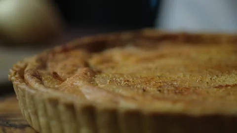 Chef use torch burner burning Quiche lorraine or French tart. Stock Footage 132449809