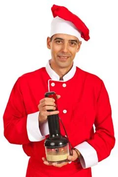 Chef using blender to make cream Stock Photos