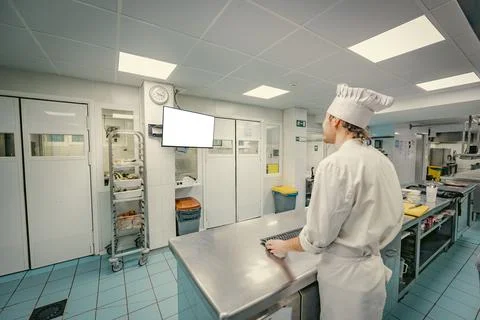 Chef using a computer in a professional kitchen Stock Photos