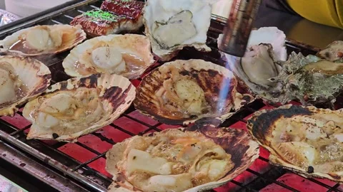 Chef using hand-held burner to burn hotate scallops over charcoal fire. Stock Footage 238760941