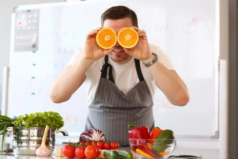 Chef Vlogger Showing Comic Orange Citrus Eye Stock Photos