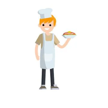 Chef in white apron and cap with plate of food. Work in cafe and restaurant Stock Illustration