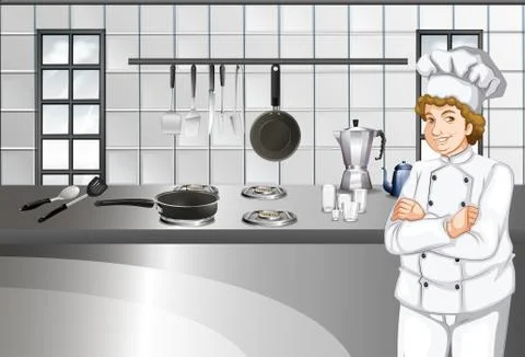 Chef in white uniform working in kitchen Illustration