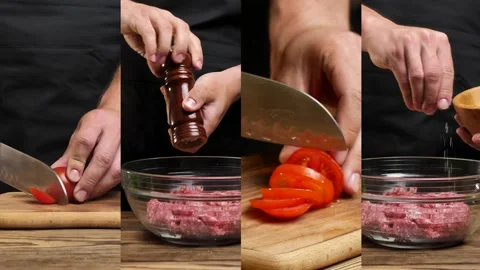 A chef without a face cuts a fresh tomato, peppers and salts minced meat for Stock Footage 234333453