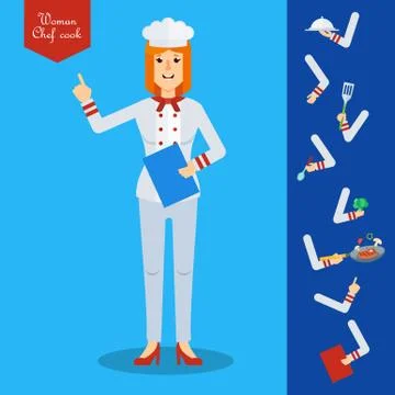 Chef woman character with kitchenware and food. Illustrazione stock