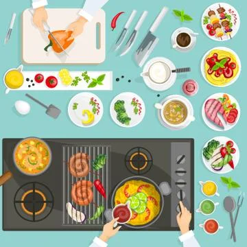 Chef Workplace Top View Stock Illustration