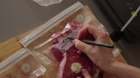 Chef writing date and note on label of vacuum sealed bag containing seasoned Stock Footage 313715535