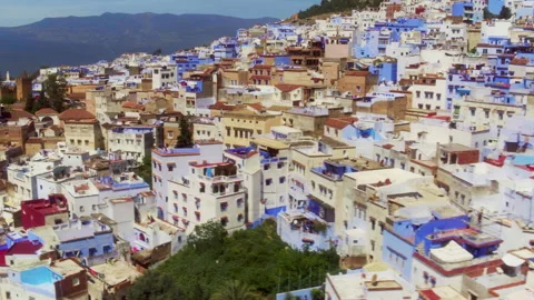 Chefchaouen Close Aerial Pan Blue Facades Laundry Rif Stock Footage 336573849