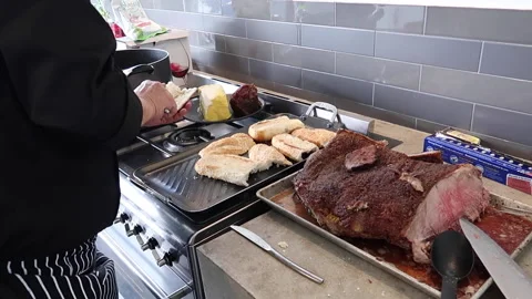 Cheff hands cook roast beef sandwich Stock Footage 226220962