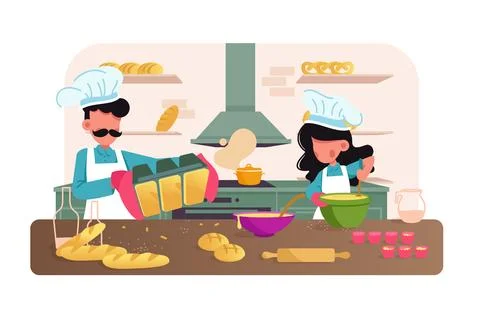 Chefs Baking in Kitchen Stock Illustration