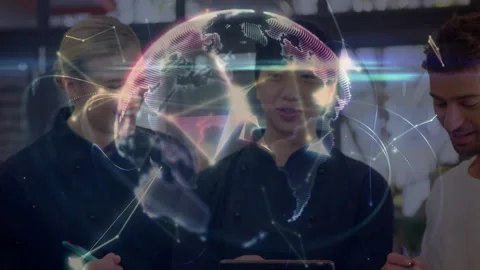 Chefs conferring in kitchen as network lines drifting forming globe, colleague Stock Footage 316191417