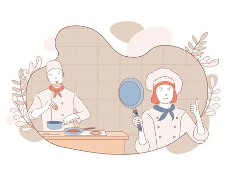 Chefs cooking on restaurant kitchen vector cartoon illustration. Professional Stock Illustration