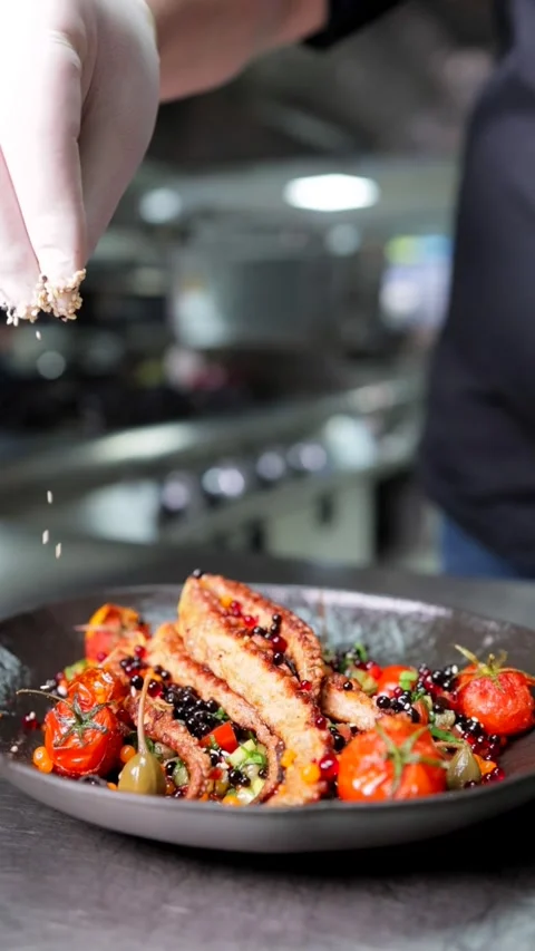 Chef's Decorating Octopus Dish Stock Footage 274389256