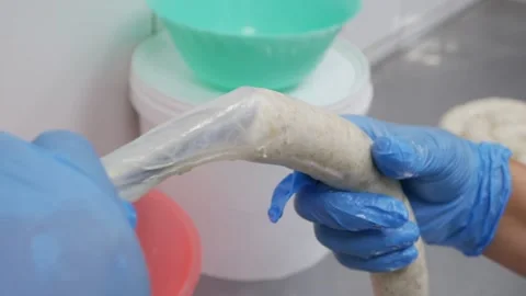 Chef's hands are preparing sausages Stock Footage 148459355