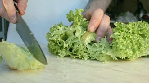 Chefs hands cutting a fresh green salad leaf. Vídeos de archivo 80255512
