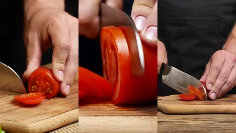 A chefs hands cutting a fresh tomato with a knife on a wooden board. Collage Stock Footage 319821598