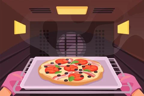 Chefs hands in protection kitchen mitts open oven door to pull out tray with Stock Illustration