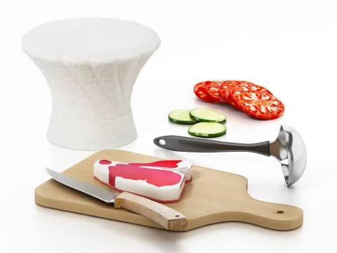 Chef's hat, cutting board, knives and vegetable slices. 3D illustration Stock Illustration
