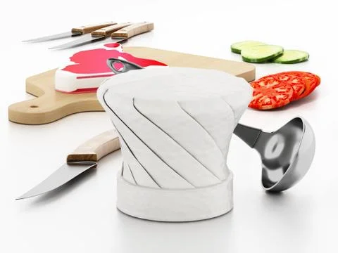 Chef's hat, cutting board, knives and vegetable slices. 3D illustration Stock Illustration