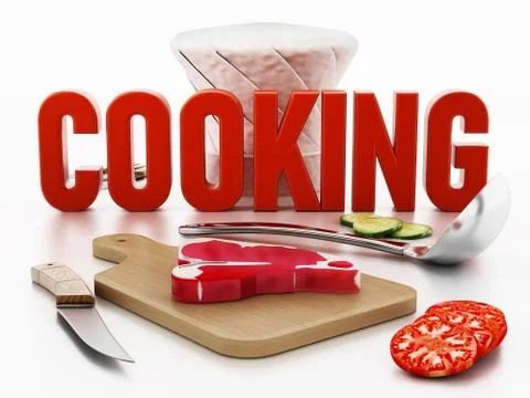 Chef's hat, cutting board, knives and vegetable slices. 3D illustration Stock Illustration