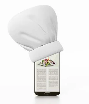 Chef's hat standing on smartphone. 3D illustration Stock Illustration