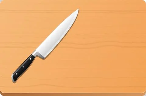 Chef's knife with a black handle resting diagonally on a light brown wooden.. Stock Illustration
