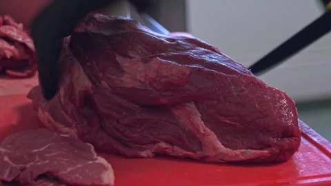 Chef's Precision: Slicing Grilled Beef for Delivery Containers – Close-Up Stock Footage 288690549