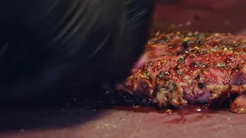 Chef's Precision: Slicing Grilled Beef for Delivery Containers – Close-Up Stock Footage 288690815