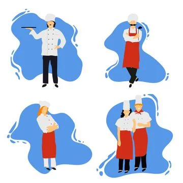 Chefs in restaurant kitchen cooking. Cute cooks in uniform preparing food in Stock Illustration