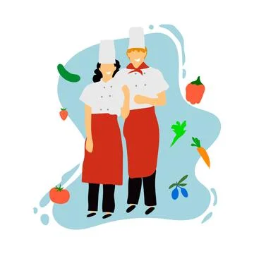 Chefs in restaurant kitchen cooking. Cute cooks in uniform preparing food in Stock Illustration